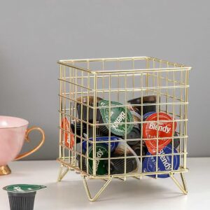 Alunsito Coffee Pod Holder Metal K Cup Rack Large Capacity Wire Storage Container Square Basket Organizers for Espresso, Tea, Snacks, Small Fruit, Rose Gold, 5.3*5.3*6.3in