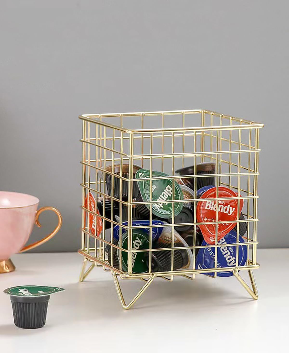 Alunsito Coffee Pod Holder Metal K Cup Rack Large Capacity Wire Storage Container Square Basket Organizers for Espresso, Tea, Snacks, Small Fruit, Rose Gold, 5.3*5.3*6.3in