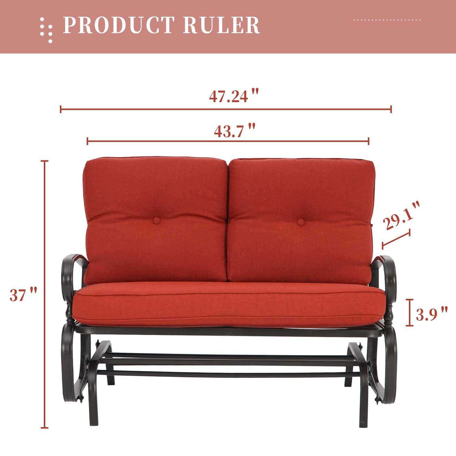 SUNCROWN Outdoor Swing Glider Chair, Patio 2 Seats Loveseat Rocking Chair with Cushions, Steel Frame Furniture-Red