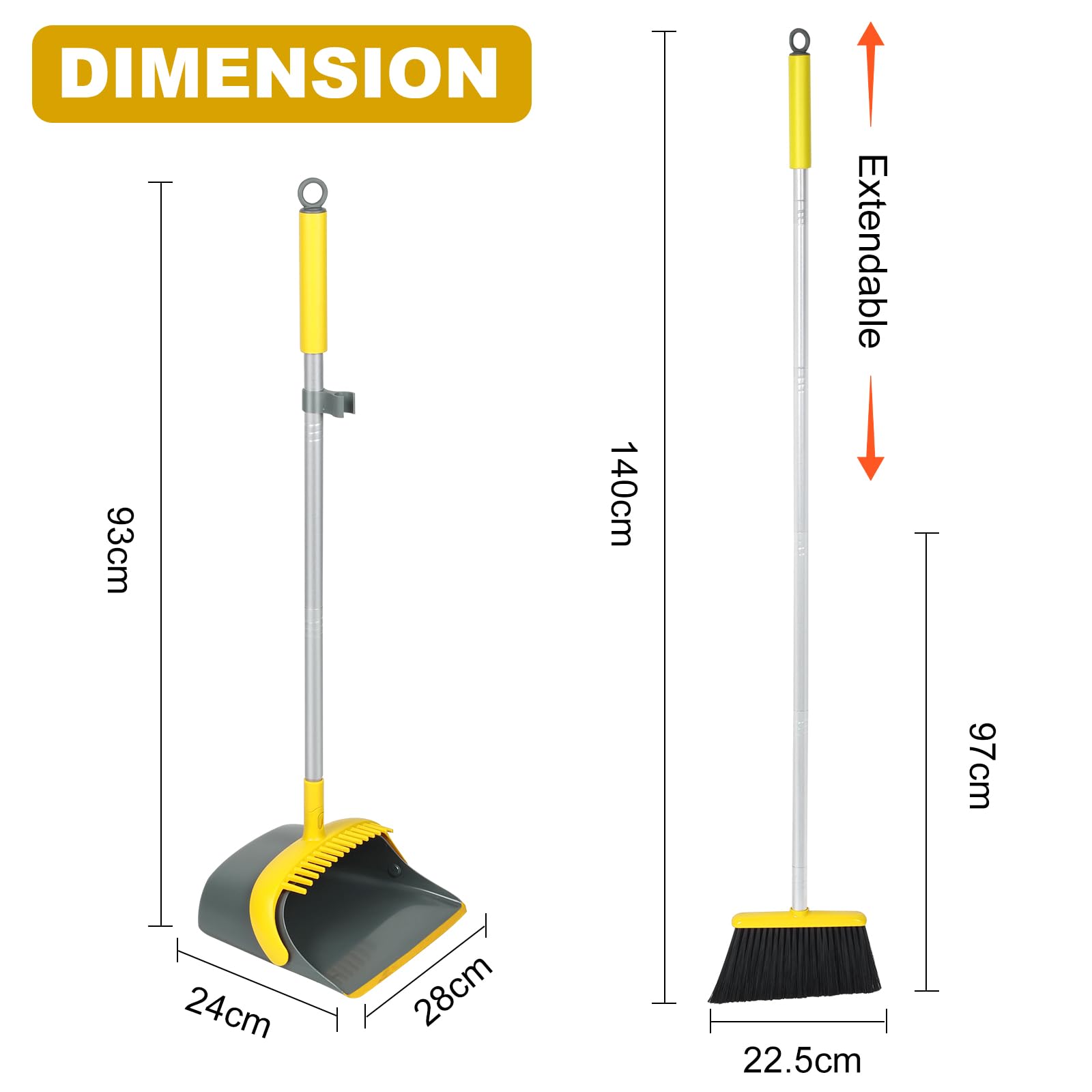 Dirty Fox Broom and Dustpan Set with 54 Inch Long Handle - Perfect Dust Pan and Brush Combo for Home Efficient Cleaning (Yellow and Grey)