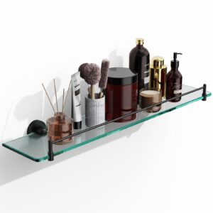 kocok glass bathroom shelf for wall,24-inch black floating glass shelves for bathroom modern stainless steel tempered glass shelf wall mount accessories(matte black)