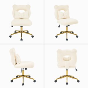 Furnimart Swivel Desk Chair Cute Vanity Chair with Kawaii Backrest & Lumbar Pillow, Armless Comfy Faux Fur Accent Chairs for Bedroom, Makeup Room, Dorm, Teenage Girls (Ivory White)