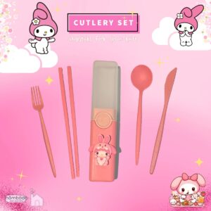 hombäde Plastic Cutlery Tableware Flatware Silverware 5 Piece Set Portable Reusable Travel Cute Kawaii Anime Cartoon Dog Bunny for Boys and Girls (Pink Melody)