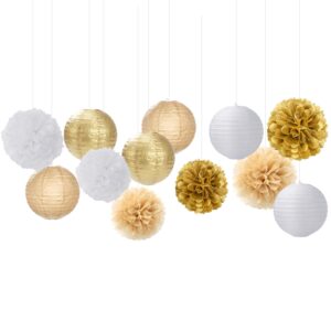 White Gold Party-Decorations Paper Flowers Lanterns - 15PCS Engagement Birthday Graduation Wedding Tissue Pom Poms Streamers,Neutral Bachelorette Baby Bridal Shower Hanging Supplies Decor Hugfond