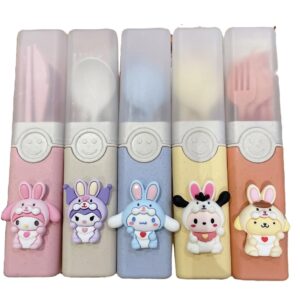 hombäde Plastic Cutlery Tableware Flatware Silverware 5 Piece Set Portable Reusable Travel Cute Kawaii Anime Cartoon Dog Bunny for Boys and Girls (Pink Melody)