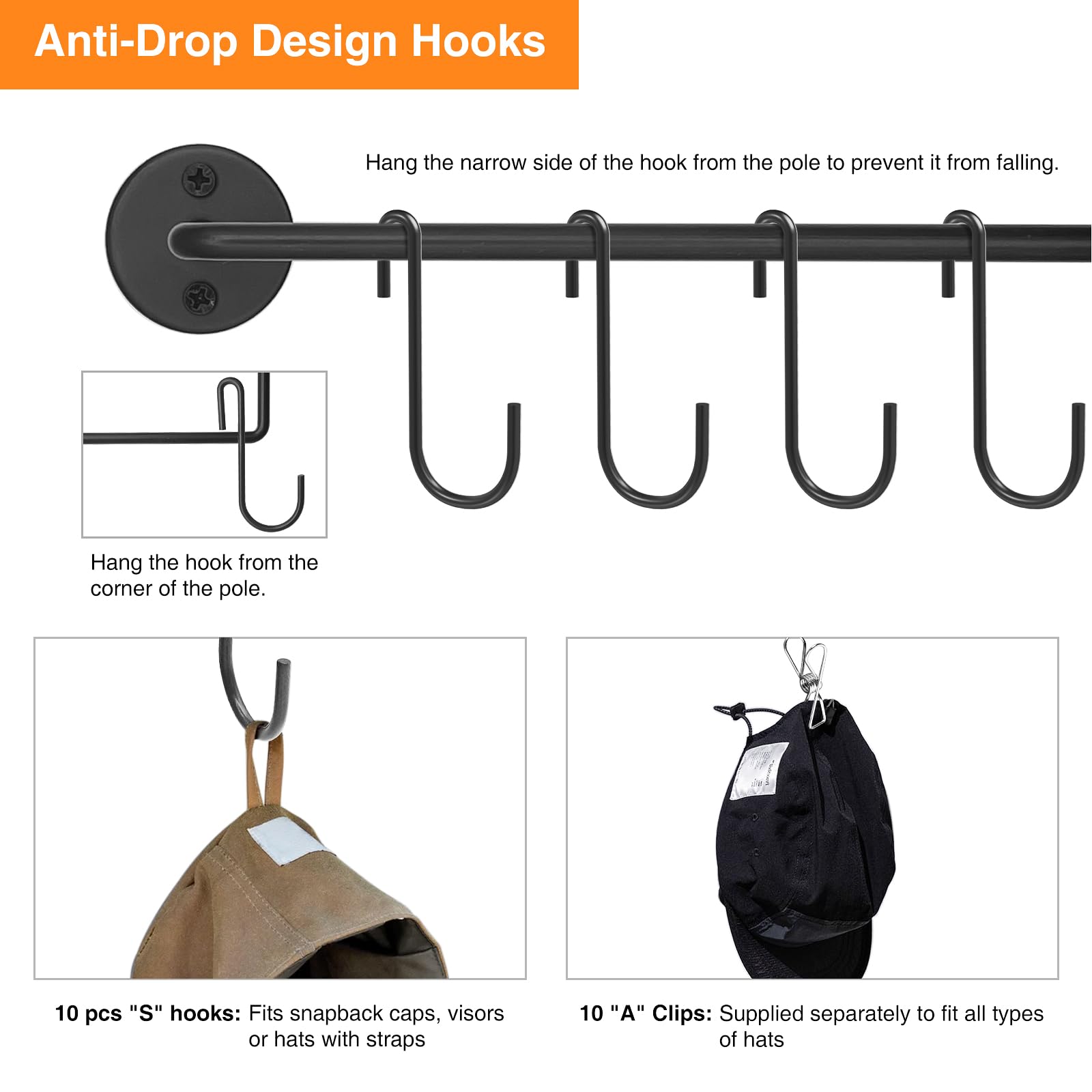 Kruodop Hat Rack for Wall Baseball Cap Organizer Hanger with 10 Clips and 10 S hooks, Black Modern Metal Hat Holder Wall-Mounted Caps Display for Closet Bedroom Entryway Laundry 1 Pack