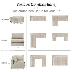 Cloud Modular Sectional Sofa,Down Filled Comfort Sofa Couch for Living Room,Minimalist Wide Deep Seat Convertible Couches,Sofa Cover Washable & Removable (Khaki, 8 Seater)