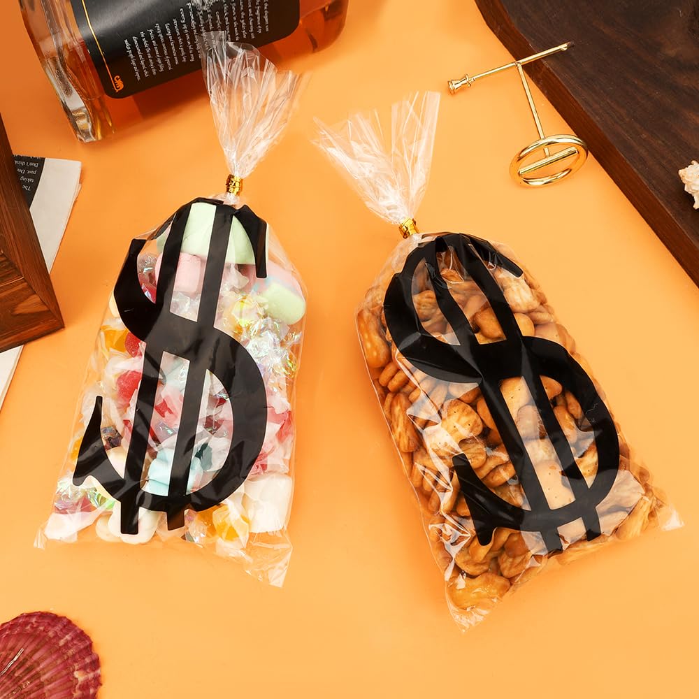 Money Treat Bags, 100PCS Dollar Sign Candy Bags, 10.63x5 Inch Dollar Sign Cellophane Treat Bags, Plastic Cookies Goodie Bags Gift Bags with Twist Ties for Halloween Casino Pirate Party Favors Supplies