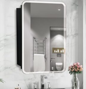 fumango matt black rectangle recessed bathroom medicine cabinet with 24"x30" frameless bevelled edge mirror,recessed or surface mount bathroom wall cabinet, beveled edges