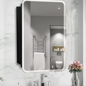 FUMANGO Matt Black Rectangle Recessed Bathroom Medicine Cabinet with 24"x30" Frameless Bevelled Edge Mirror,Recessed or Surface Mount Bathroom Wall Cabinet, Beveled Edges