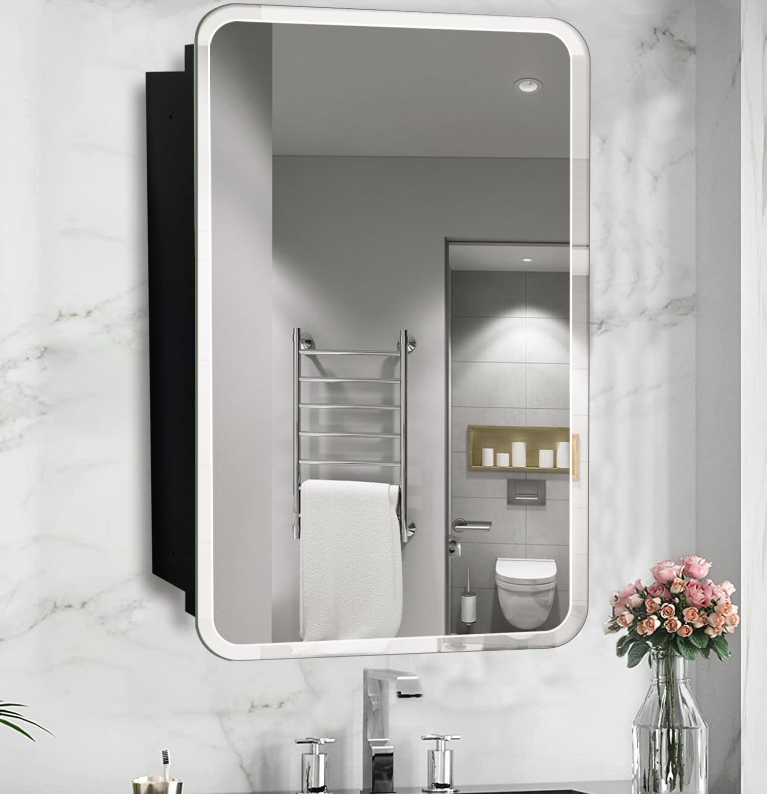 FUMANGO Matt Black Rectangle Recessed Bathroom Medicine Cabinet with 24"x30" Frameless Bevelled Edge Mirror,Recessed or Surface Mount Bathroom Wall Cabinet, Beveled Edges