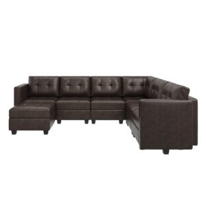 HONBAY Modular Sectional Couch with Storage Faux Leather Convertible Modular sectional Sofa u Shaped Couch with Ottomans and Chaises Faux Leather 7-Seater Sectional Sofa for Living Room, Brown