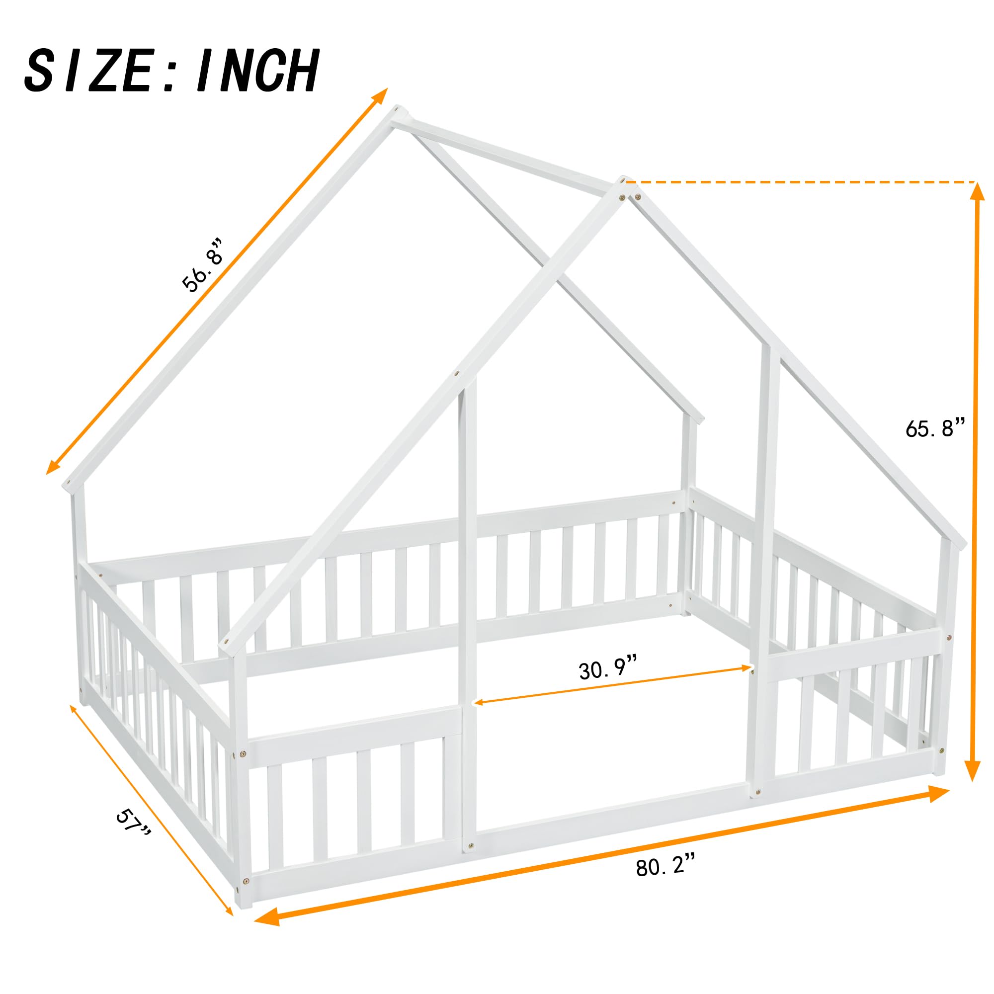 Luckiofvonne House Bed for Kids, Full Size Floor Bed with Fence Rails, Wood Montessori Bed Frame for Girls Boys Teens, White