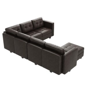 HONBAY Modular Sectional Couch with Storage Faux Leather Convertible Modular sectional Sofa u Shaped Couch with Ottomans and Chaises Faux Leather 7-Seater Sectional Sofa for Living Room, Brown