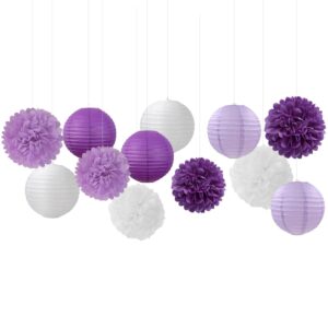 Purple-White Lavender Party Decorations Paper Flowers Lanterns - 15PCS Birthday Graduation Tissue Pom Poms Streamers, Baby Bridal Shower Wedding Retirement Bachelorette Hanging Supplies Decor Hugfond