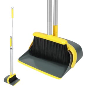 dirty fox broom and dustpan set with 54 inch long handle - perfect dust pan and brush combo for home efficient cleaning (yellow and grey)