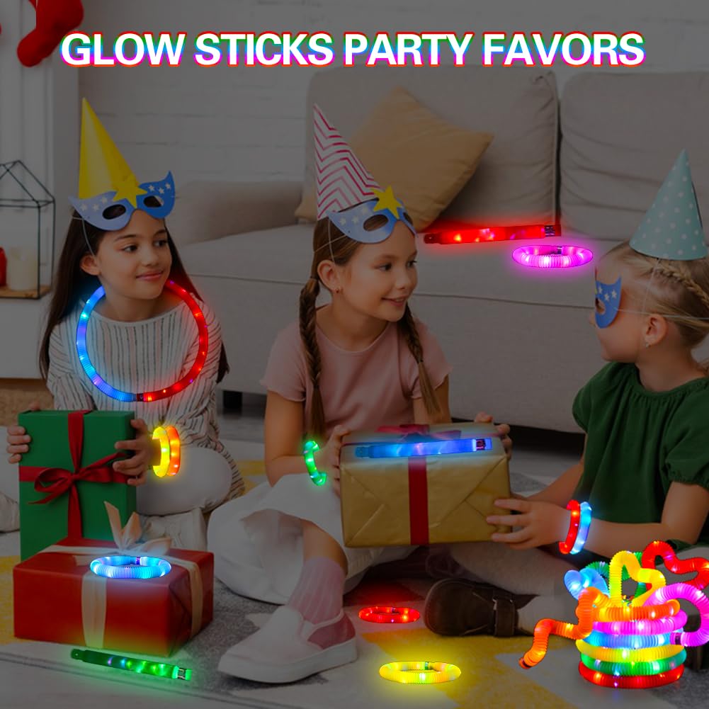 12 pcs Light Up Glow Sticks, Party Favors for Kids 4-8 8-12 Pop Tubes Glow in The Dark Party Supplies Goodie Bag Birthday Party Gifts Students Prizes Halloween Xmas Stocking Stuffers