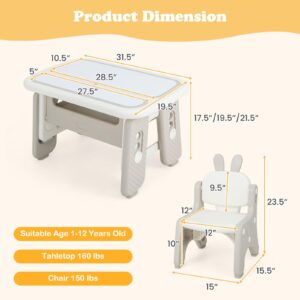 INFANS Kids Table and Chair Set, Activity Table with Magnetic Drawing Board 4 Gears Adjustable Height Bookshelf Watercolor Pens, Toddler Plastic Furniture Table for Playing Reading Eating