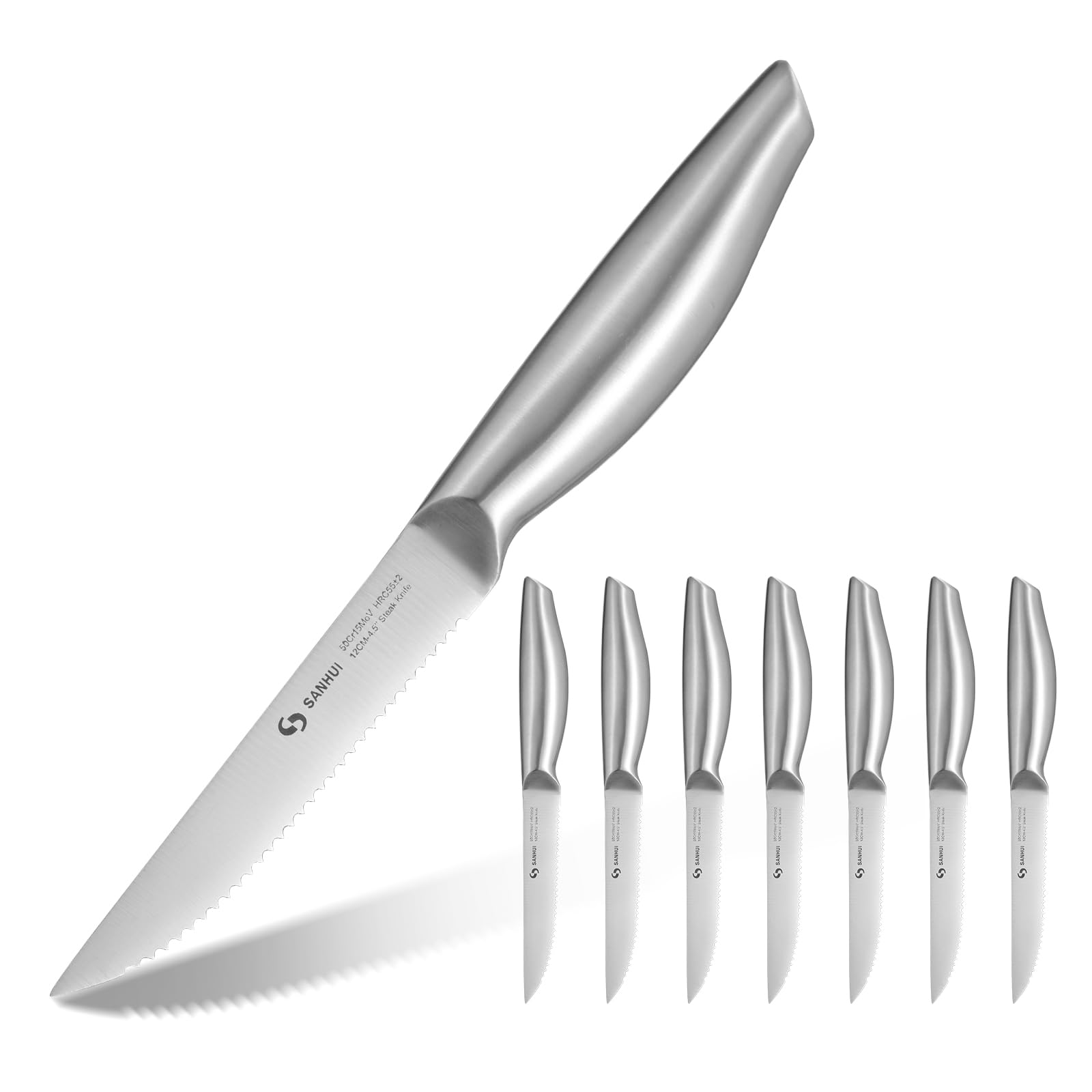 SANHUI Steak Knives, Steak Knife Set of 8, German Stainless Steel Steak Knife Serrated, Silver