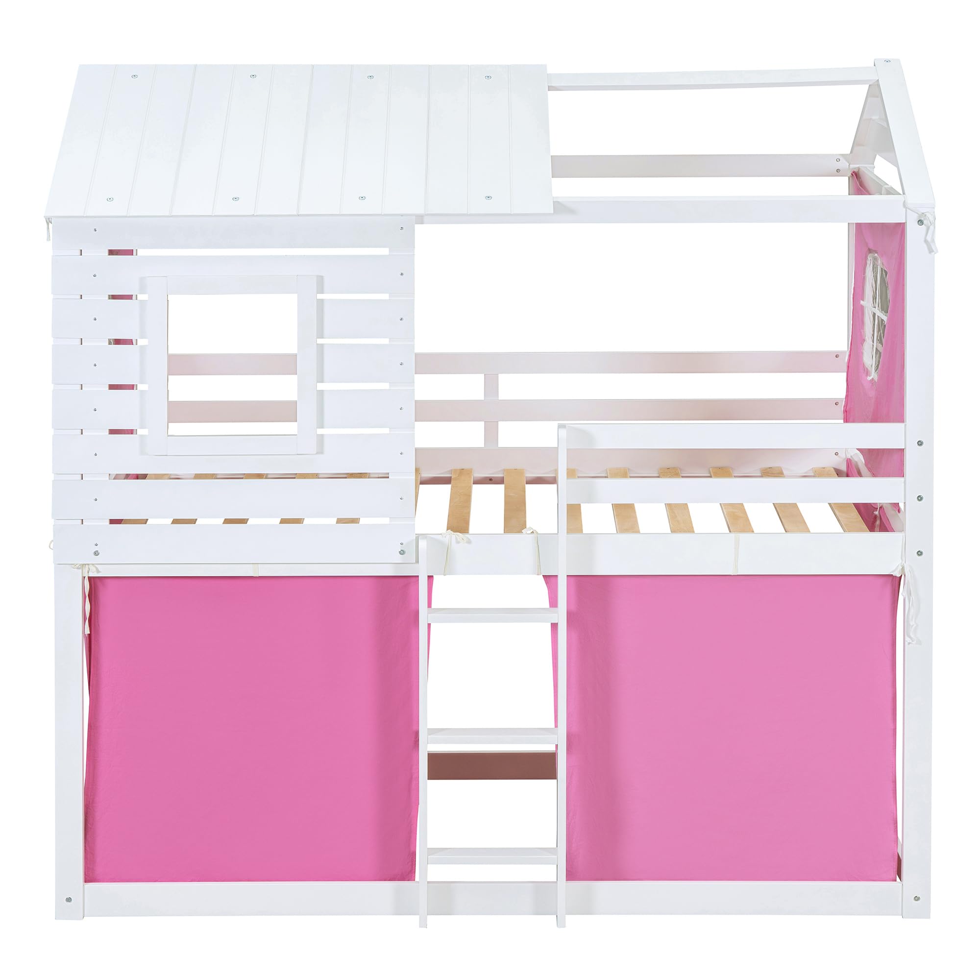 Merax Twin Over Twin Bunk Bed with Tent, Wood Twin Size House Bed Frame, Pink+White