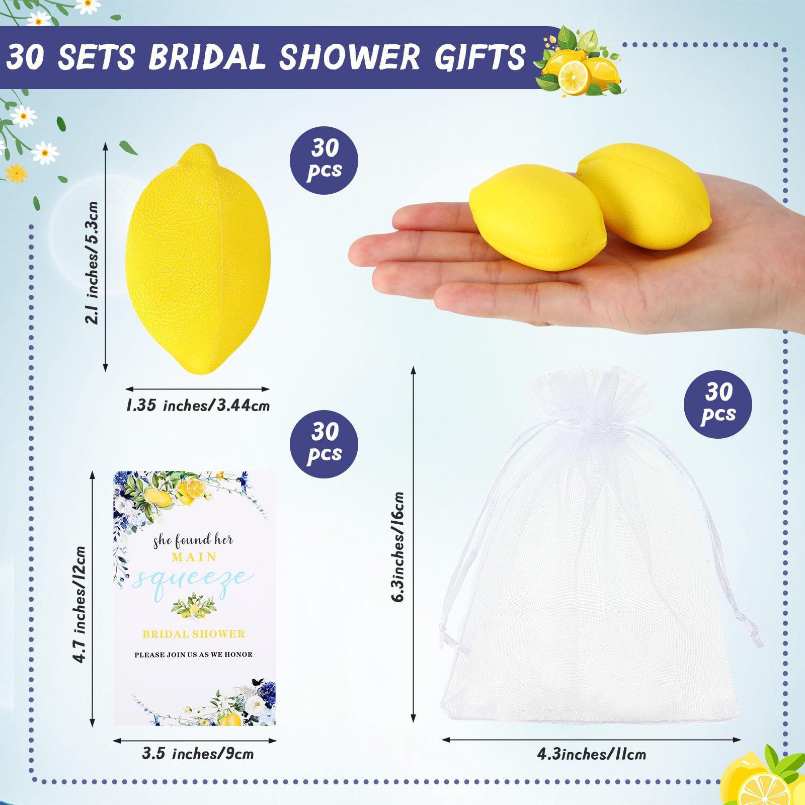 Foilswirl 48 Sets Lemon Themed Bridal Shower Party Gifts Lemon Foam Squeeze Stress Relief Balls with Cards and Organza Drawstring Bag Her Main Squeeze Wedding Game Prizes Gifts