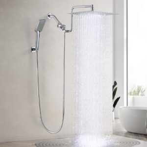 ydmeet 12 inch shower head with handheld spray combo- rain shower head with handheld- stainless steel height adjustable 12" extension arm with 3 setting diverter extra long shower hose- chrome