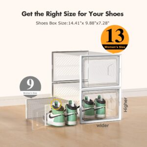 Kuject XX-Large Highly Transparent Shoe Boxes Clear Plastic Stackable with Lids for Sneaker, Shoe Storage Organizer Container for Display, Shoe Organizer for Closet, Fit Size 13(14.41"x 9.88"x7.28")