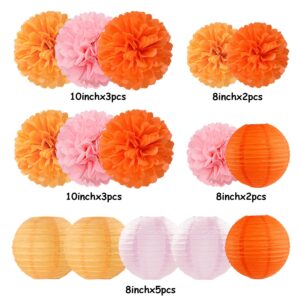 Pink-Orange Groovy Party-Decorations Paper-Flowers Lanterns - 15PCS Baby Shower Tissue Pom Poms Streamers, Fall Wedding Boho Birthday Bridal Bachelorette Sunset Hanging Supplies Decor Hugfond