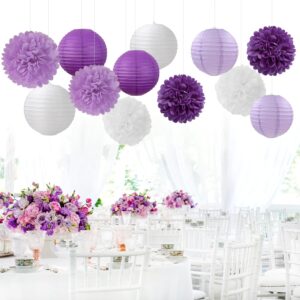 Purple-White Lavender Party Decorations Paper Flowers Lanterns - 15PCS Birthday Graduation Tissue Pom Poms Streamers, Baby Bridal Shower Wedding Retirement Bachelorette Hanging Supplies Decor Hugfond