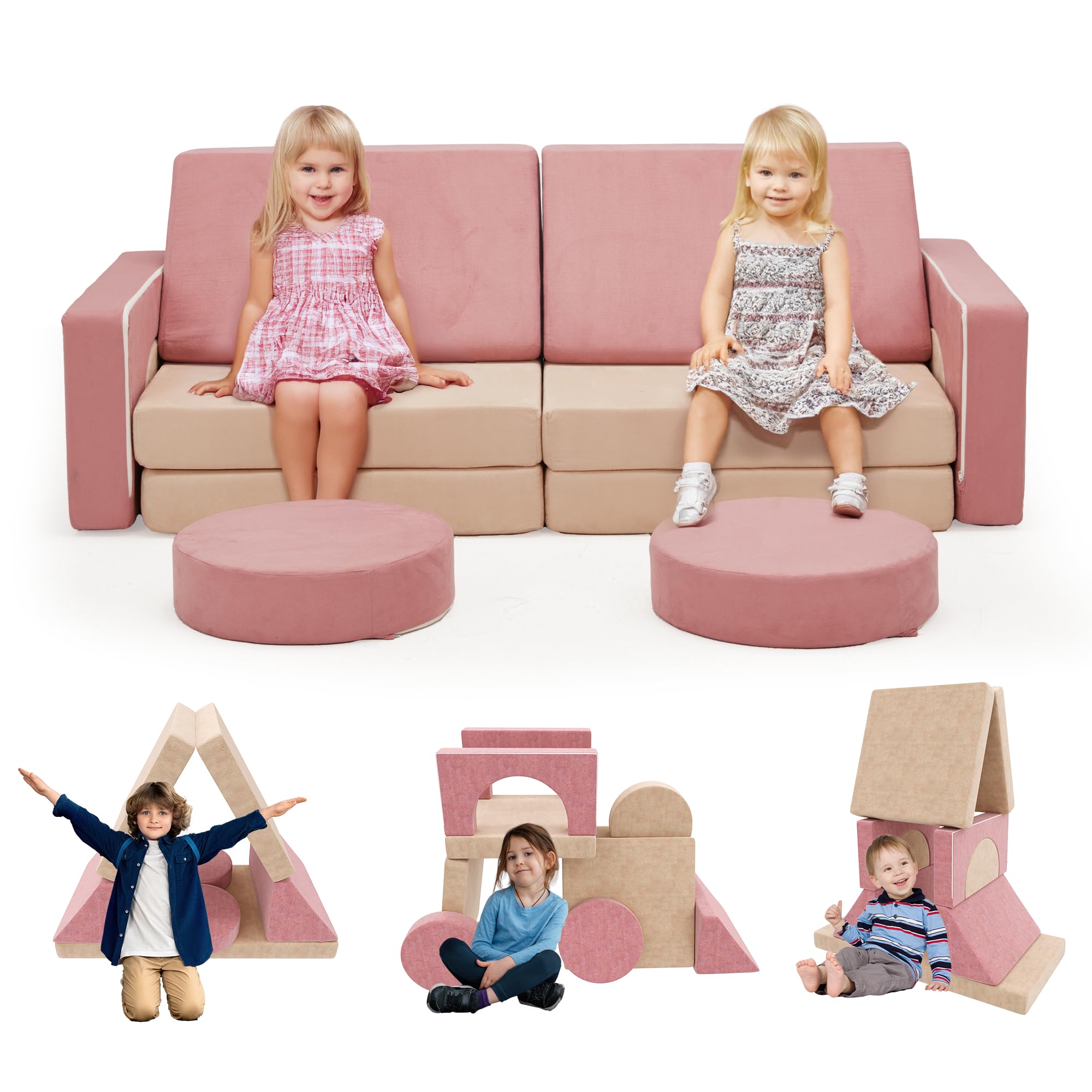 HOMMOW Kids Couch, 12pcs Modular Kids Play Couch Kids Sofa, Versatile Toddler Couch Kids Couch for Playroom, Convertible Kids Sectional Sofa Kids Bedroom Furniture for Boys and Girls, Pink