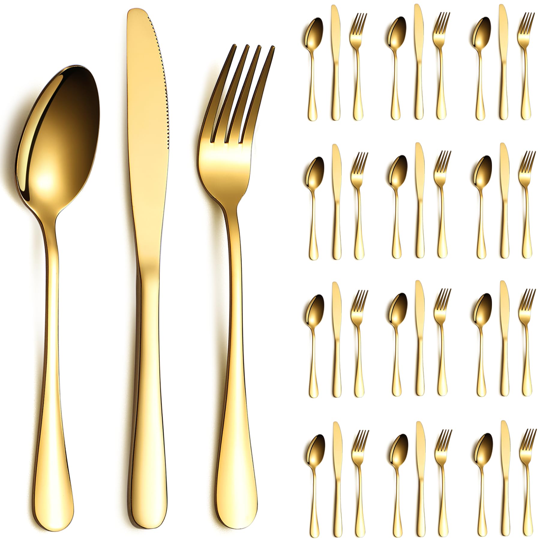 ReaNea Gold Silverware Set 36 Pieces Service for 12, Stainless Steel Titanium Gold Flatware Set include Knives Spoon Forks Set, Silverware Set, Serving Utensil Set