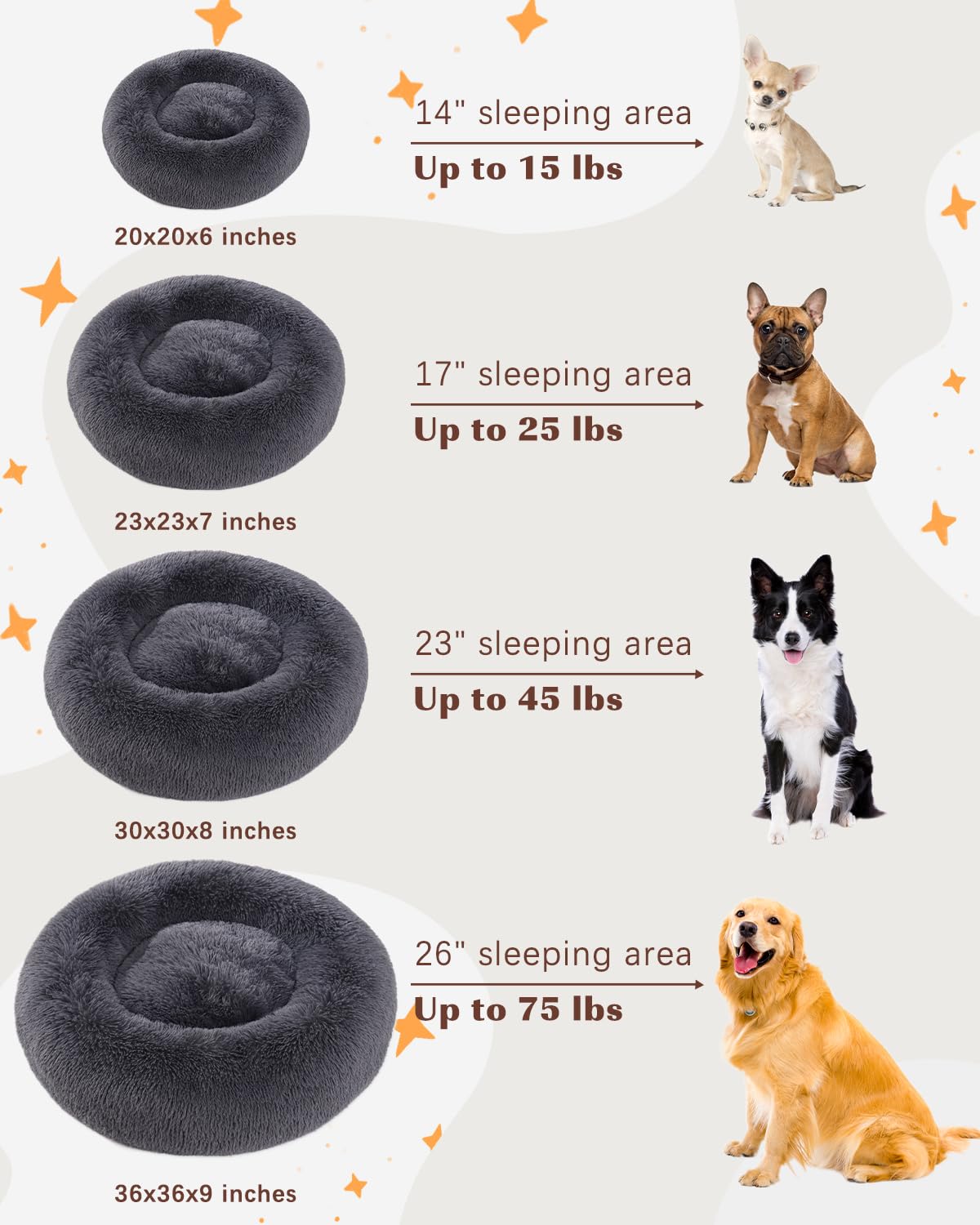 KSIIA Calming Dog Bed Anti-Anxiety Round Donut Dog Beds for Small Dogs Cat Beds for Indoor Cats Fluffy Comfort Small Dog Bed with Ultra-Soft Plush Washable Dog Bed with Non-Skid Bottom, 23", Gray