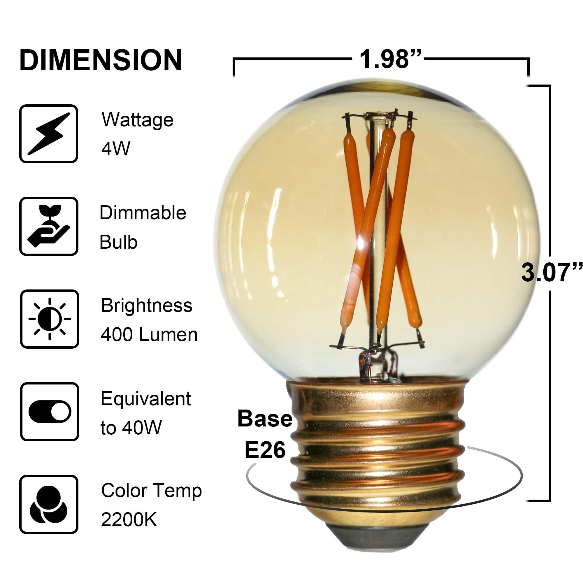 FANNIS Vintage Dimmable LED Bulbs, G50 G16.5 Edison Bulb, Equivalent 20W- 40W, Soft Warm Light 2200K, E26 Medium Base, Amber Glass LED Filament Light Bulb, Pack of 6