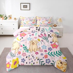 erosebridal floral dog comforter for boys girls twin pink dog bedding set cartoon animal comforter sets,cute botanical golden retriever puppy bed sets with 1 pillowcase soft