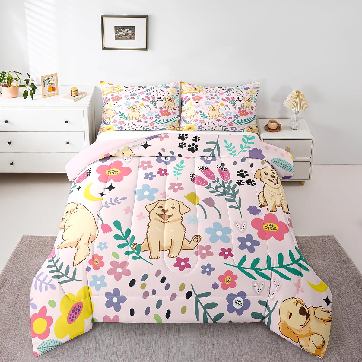 Erosebridal Floral Dog Comforter for Boys Girls Twin Pink Dog Bedding Set Cartoon Animal Comforter Sets,Cute Botanical Golden Retriever Puppy Bed Sets with 1 Pillowcase Soft