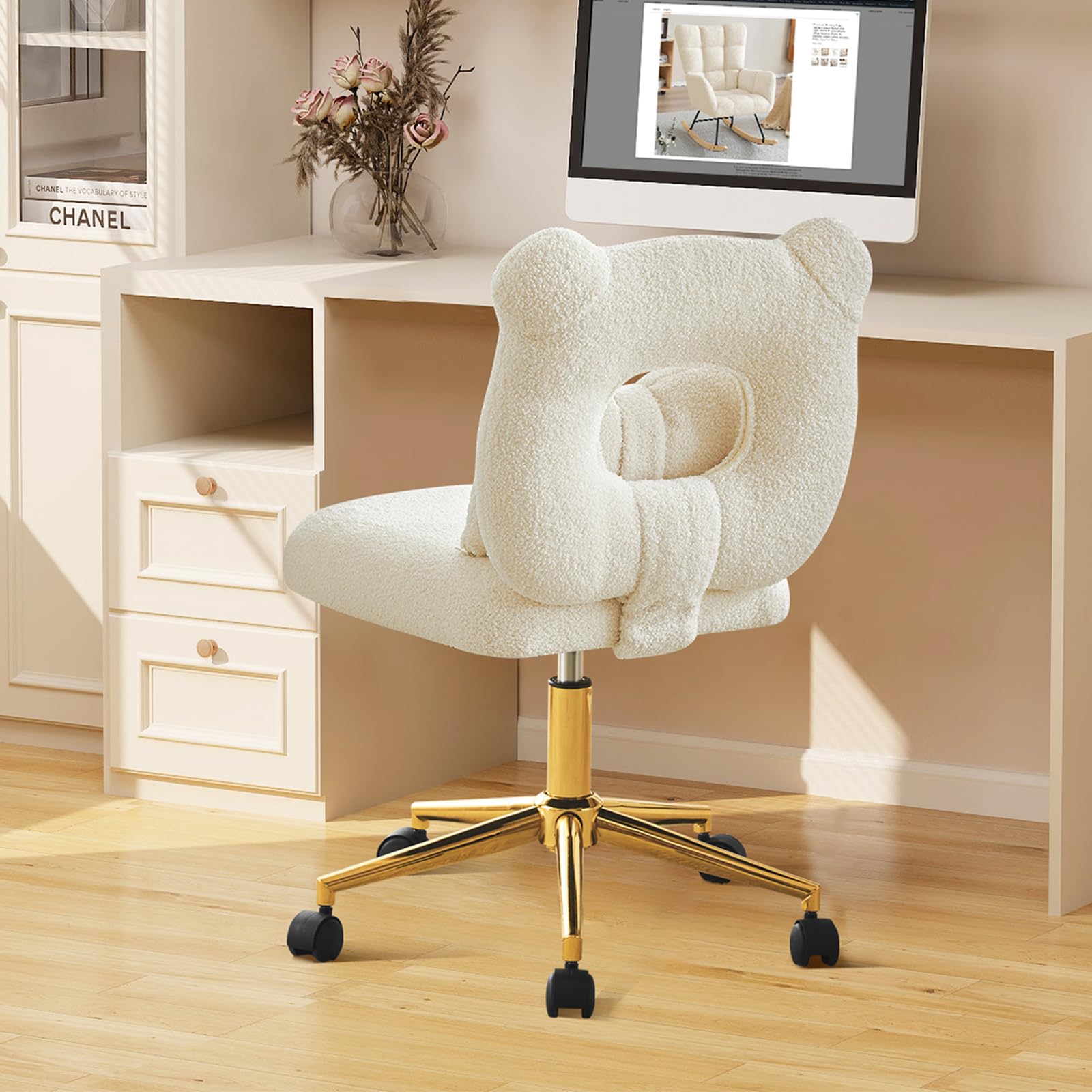 Furnimart Swivel Desk Chair Cute Vanity Chair with Kawaii Backrest & Lumbar Pillow, Armless Comfy Faux Fur Accent Chairs for Bedroom, Makeup Room, Dorm, Teenage Girls (Ivory White)