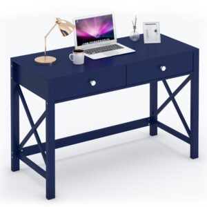 wiberwi home office desk with drawers, modern writing computer desk for bedroom, small navy makeup vanity table desk for girls, study table for home office