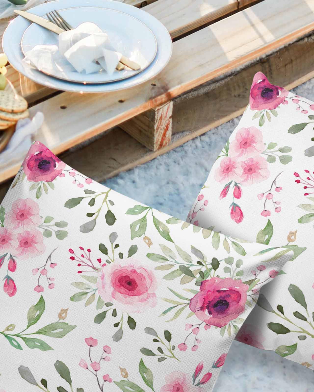 ALAGEO Outdoor Waterproof Pillow Covers for Patio Furniture Pink Flowers Decorative Throw Pillow Cover Spring Style Floral Pillowcases Set of 2 Cushion Case for Sofa Couch Chair Home Decor 18x18 inch