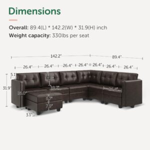 HONBAY Modular Sectional Couch with Storage Faux Leather Convertible Modular sectional Sofa u Shaped Couch with Ottomans and Chaises Faux Leather 7-Seater Sectional Sofa for Living Room, Brown