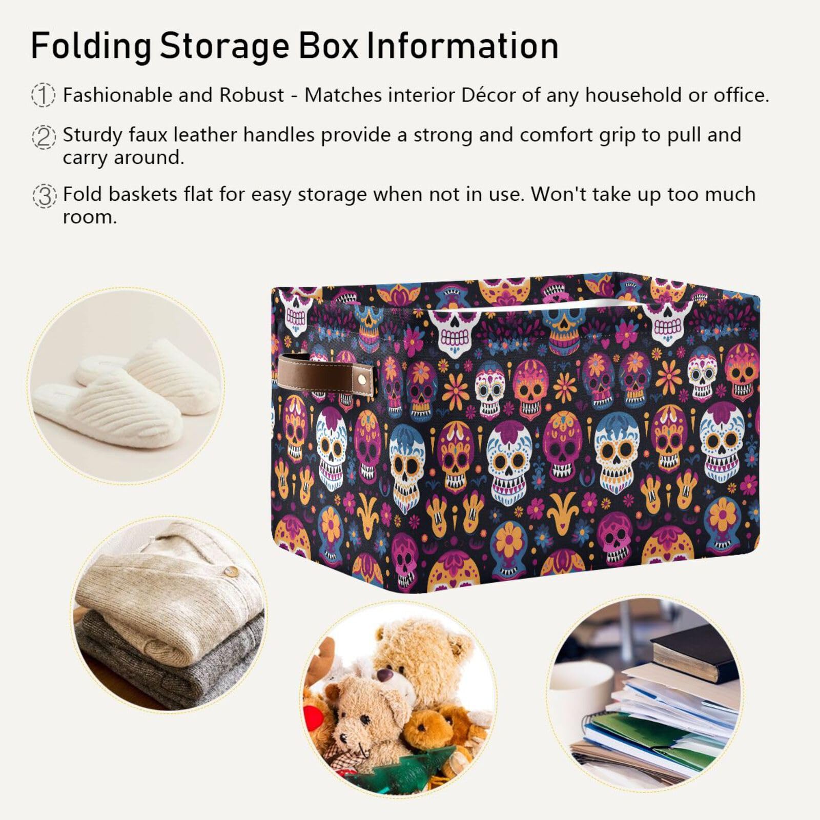 ALAZA Dia De Los Muertos Sugar Skull Foldable Storage Box Storage Basket Organizer Bins with Handles for Shelf Closet Living Room Bedroom Home Office 1 Pack