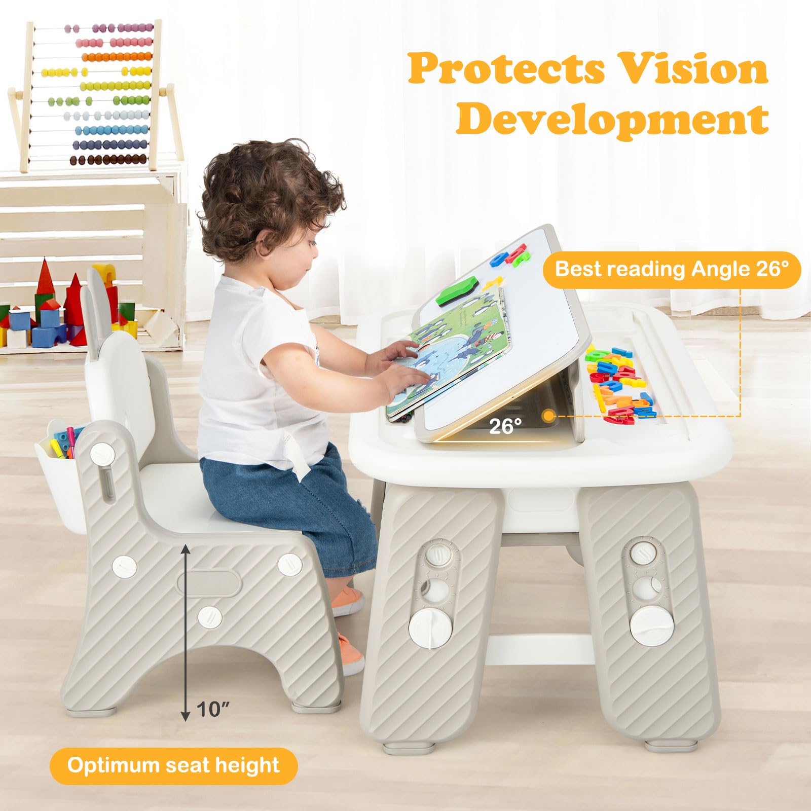 INFANS Kids Table and Chair Set, Activity Table with Magnetic Drawing Board 4 Gears Adjustable Height Bookshelf Watercolor Pens, Toddler Plastic Furniture Table for Playing Reading Eating