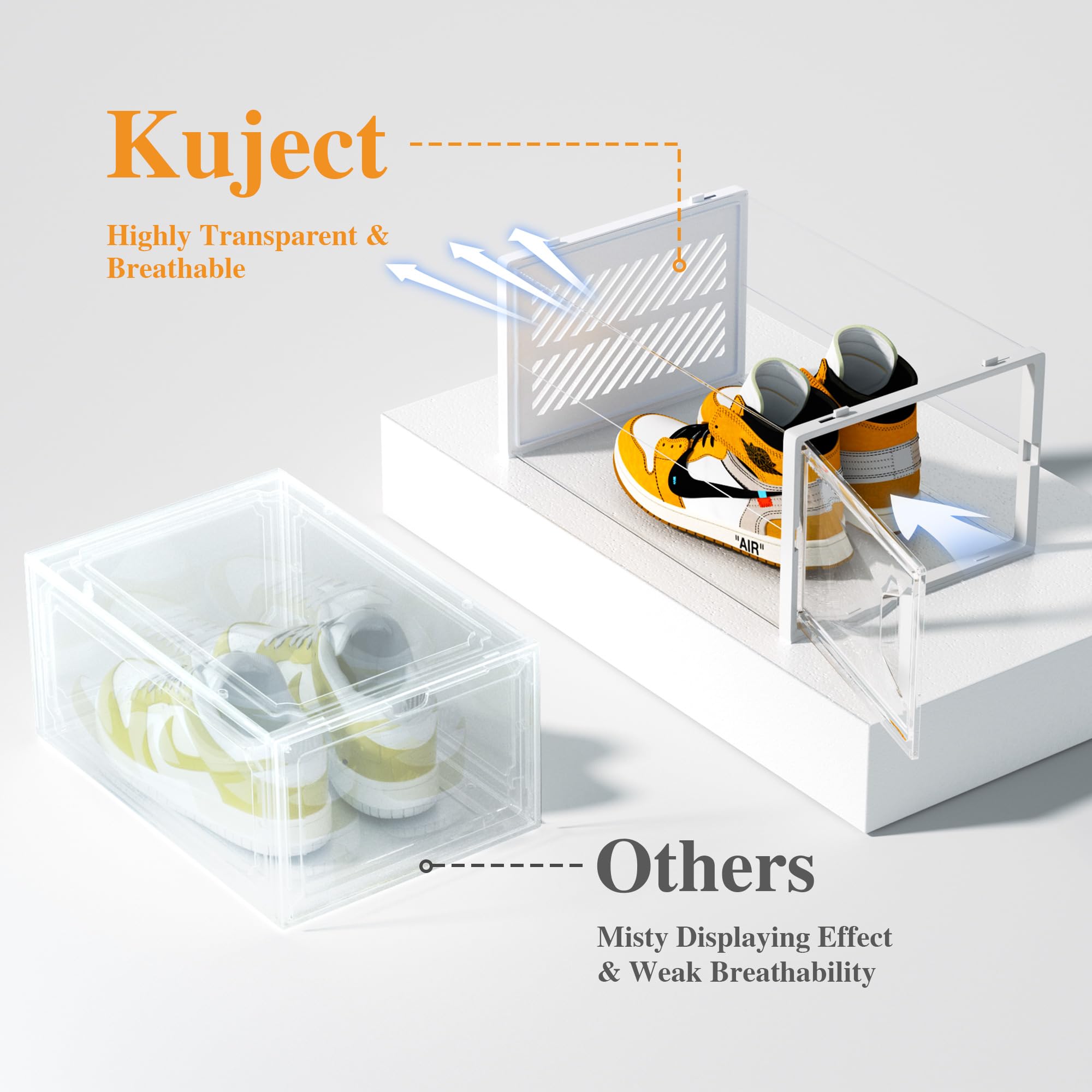 Kuject XX-Large Highly Transparent Shoe Boxes Clear Plastic Stackable with Lids for Sneaker, Shoe Storage Organizer Container for Display, Shoe Organizer for Closet, Fit Size 13(14.41"x 9.88"x7.28")