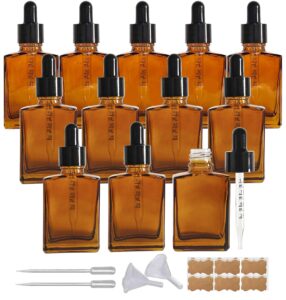 begiket 12 pack 1 oz amber square glass dropper bottle for essential oil, 30ml /1 oz amber coated glass bottle with eye droppers, for perfume,serums and liquids (amber)