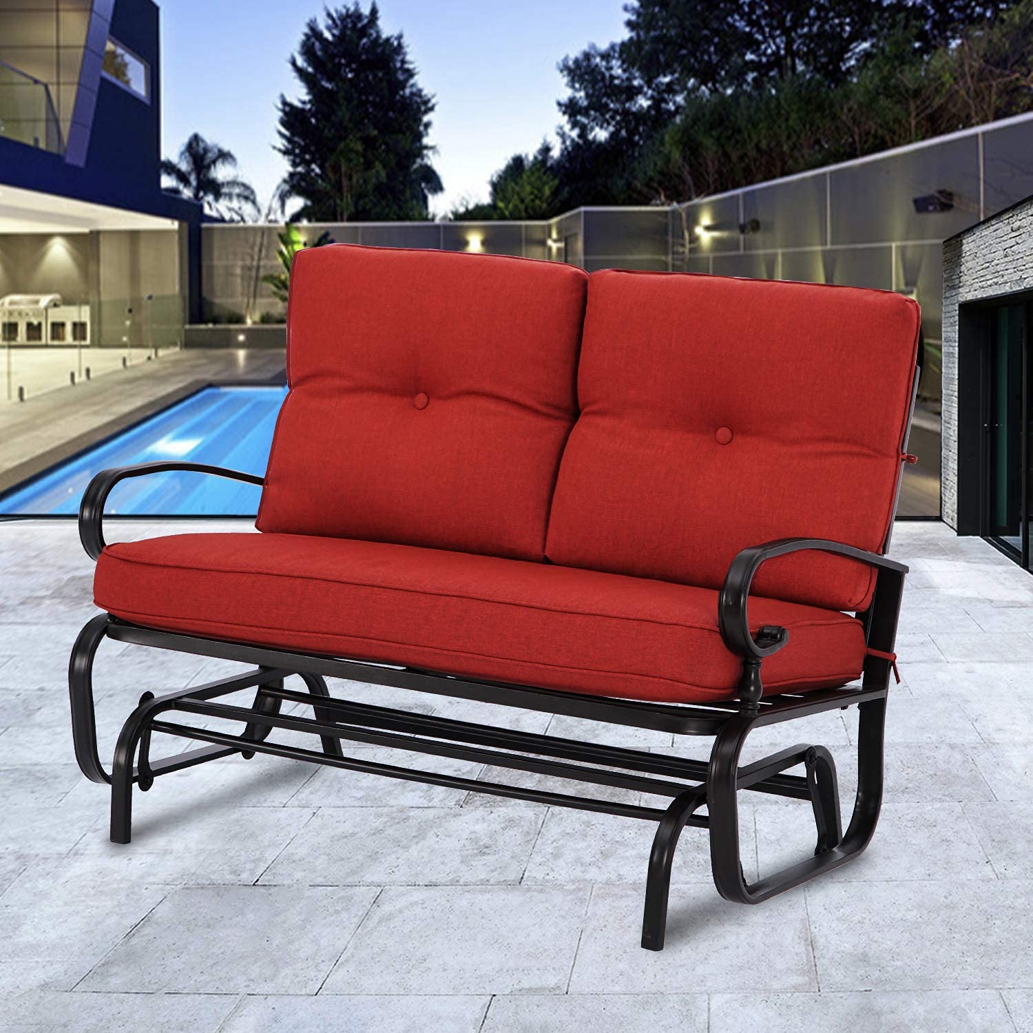 SUNCROWN Outdoor Swing Glider Chair, Patio 2 Seats Loveseat Rocking Chair with Cushions, Steel Frame Furniture-Red