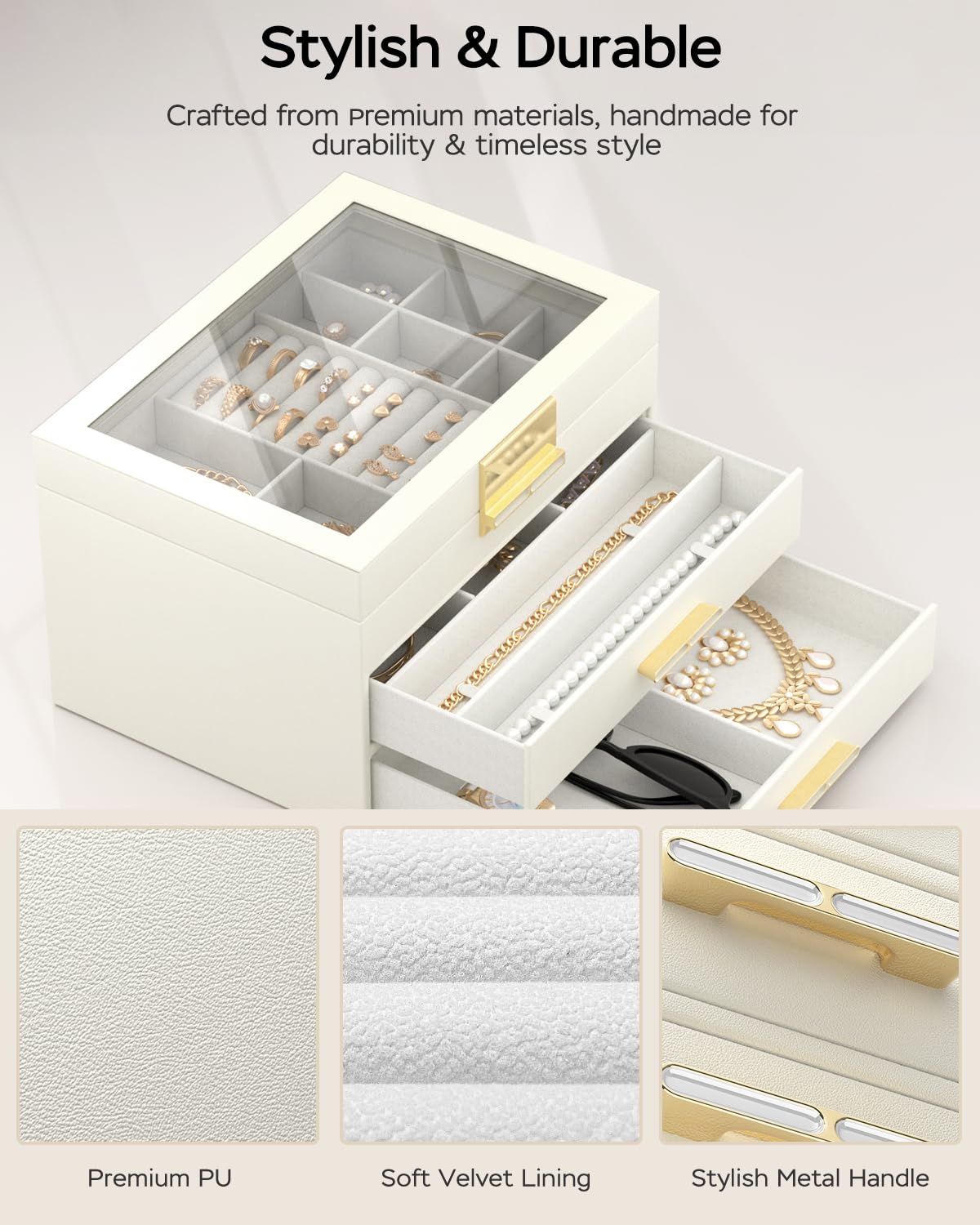 Jewelry Box for Women, 3-Layer Jewelry Organizer with Glass Lid, Flip-Top Leather Jewelry Boxes with 2 Drawers,Earring, Necklace, Ring, Bracelet Organizer Box for Big and Small Jewelry - Cloud White