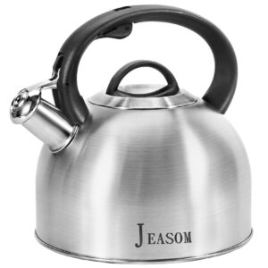 jeasom tea kettle stovetop - food grade stainless steel whistling tea pot with ergonomic handle, unique button control kettle outlet, can be used in the kitchen or camping, 3.1 q/3l