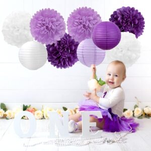 Purple-White Lavender Party Decorations Paper Flowers Lanterns - 15PCS Birthday Graduation Tissue Pom Poms Streamers, Baby Bridal Shower Wedding Retirement Bachelorette Hanging Supplies Decor Hugfond