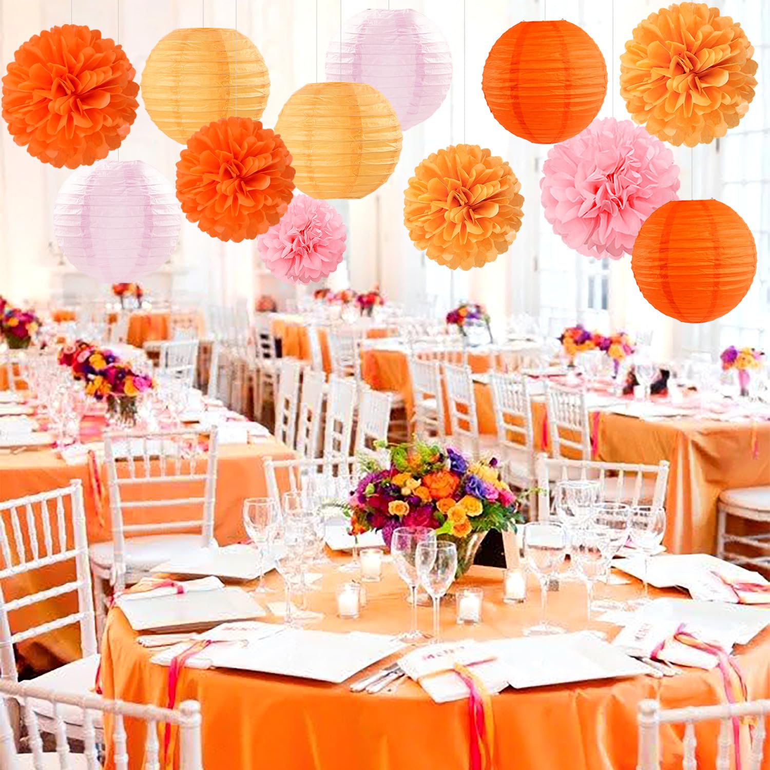 Pink-Orange Groovy Party-Decorations Paper-Flowers Lanterns - 15PCS Baby Shower Tissue Pom Poms Streamers, Fall Wedding Boho Birthday Bridal Bachelorette Sunset Hanging Supplies Decor Hugfond