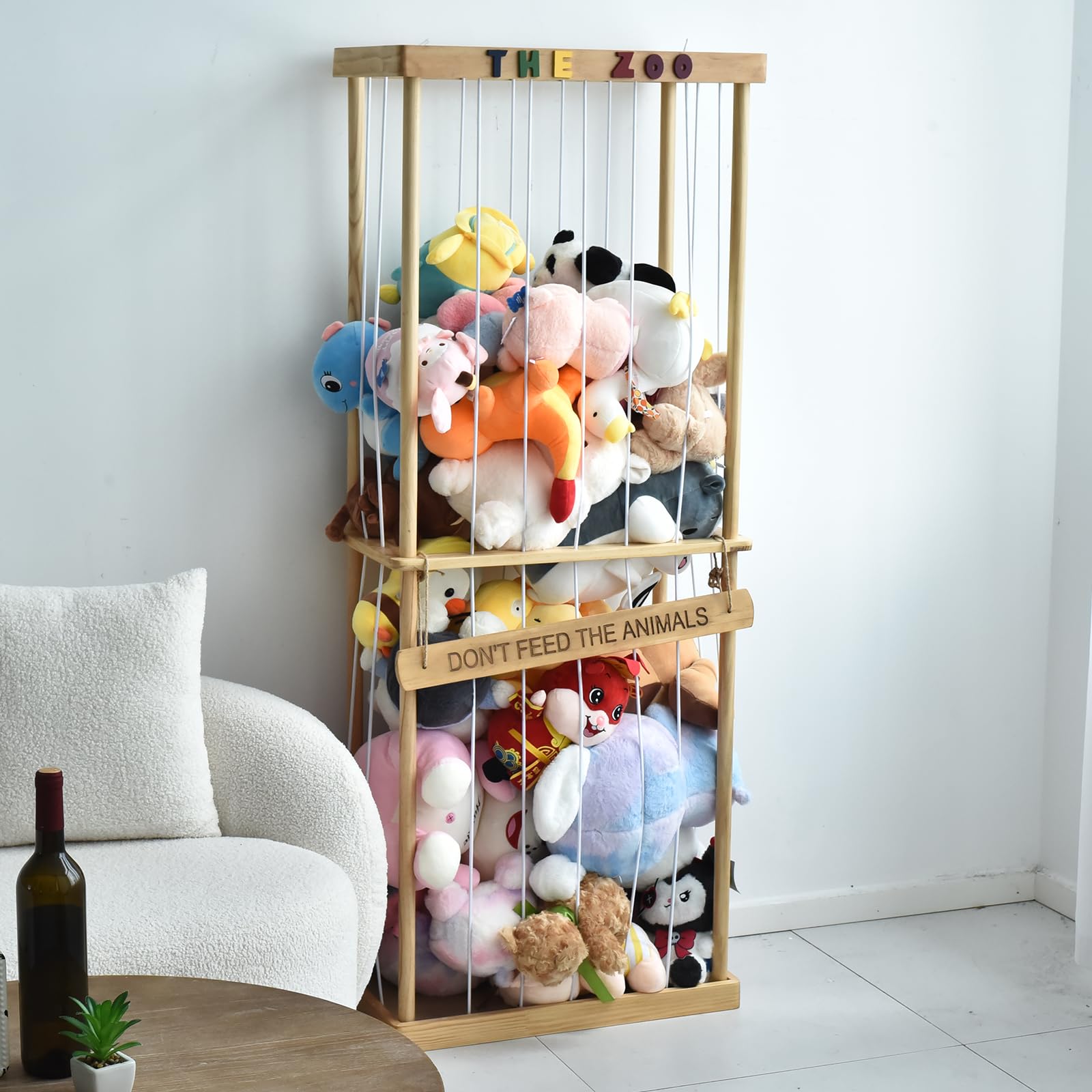 FUIN Stuffed Animal Zoo Storage Cage, Large Wooden Stuffed Animal Jail Organizer, Creative Toy Zoo Storage for Plushies and Squishmallow, Durable Corner Stuffed Animal Tower Holder Display, Natural