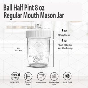 Regular Mouth Mason Jars 8 oz - (2 Pack) - Ball Regular Mouth Half Pint 8-Ounces Mason Jars with White M.E.M Food Storage Plastic Lids - For Storage, Freezing - Leak Proof, Microwave & Diswasher Safe